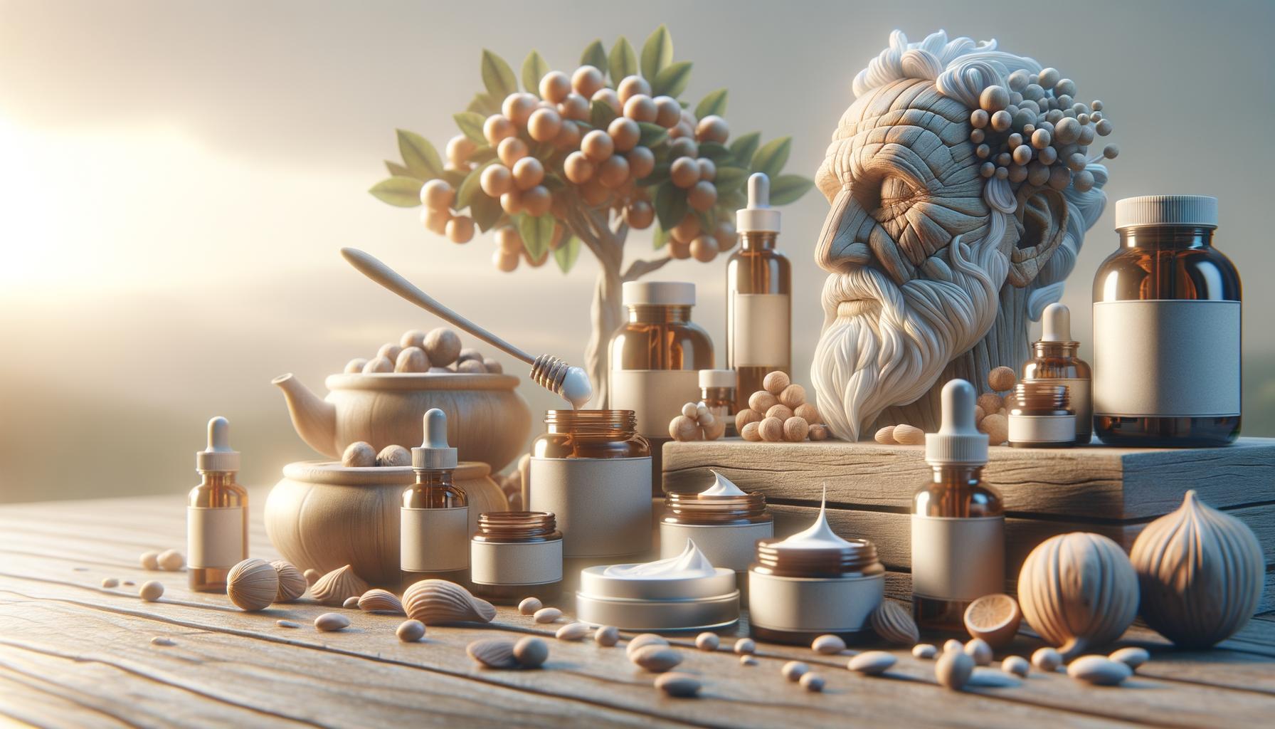 Assorted skincare products with natural ingredients and a sculpture in an outdoor setting.