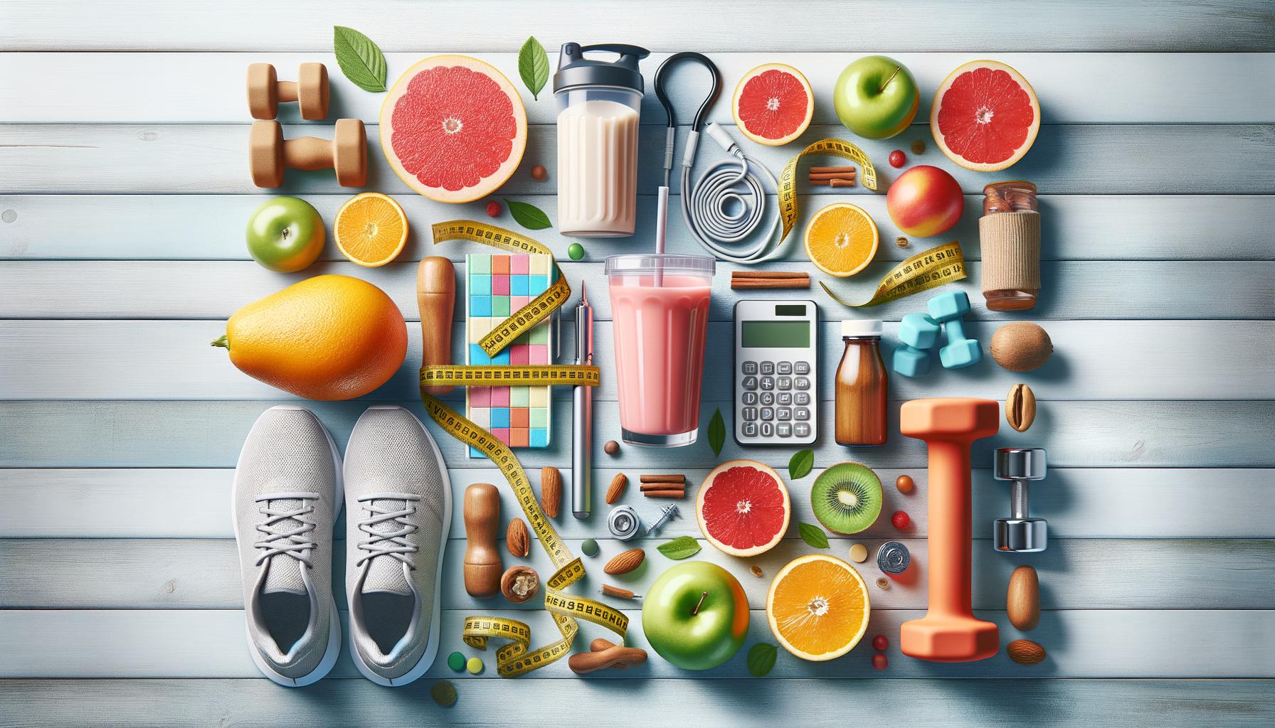 A flat lay of healthy lifestyle items: fruits, smoothies, dumbbells, running shoes, measuring tape, calculator, notepad, and earbuds on a wooden background.