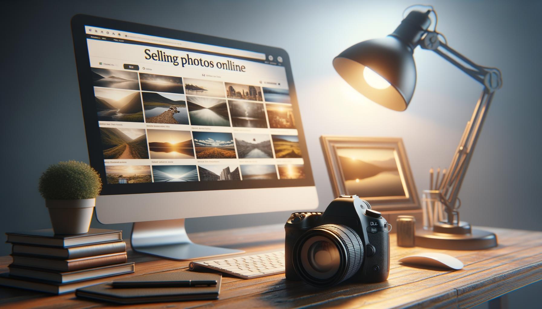 A desk with a computer displaying a photo website, a camera, lamp, and plant.