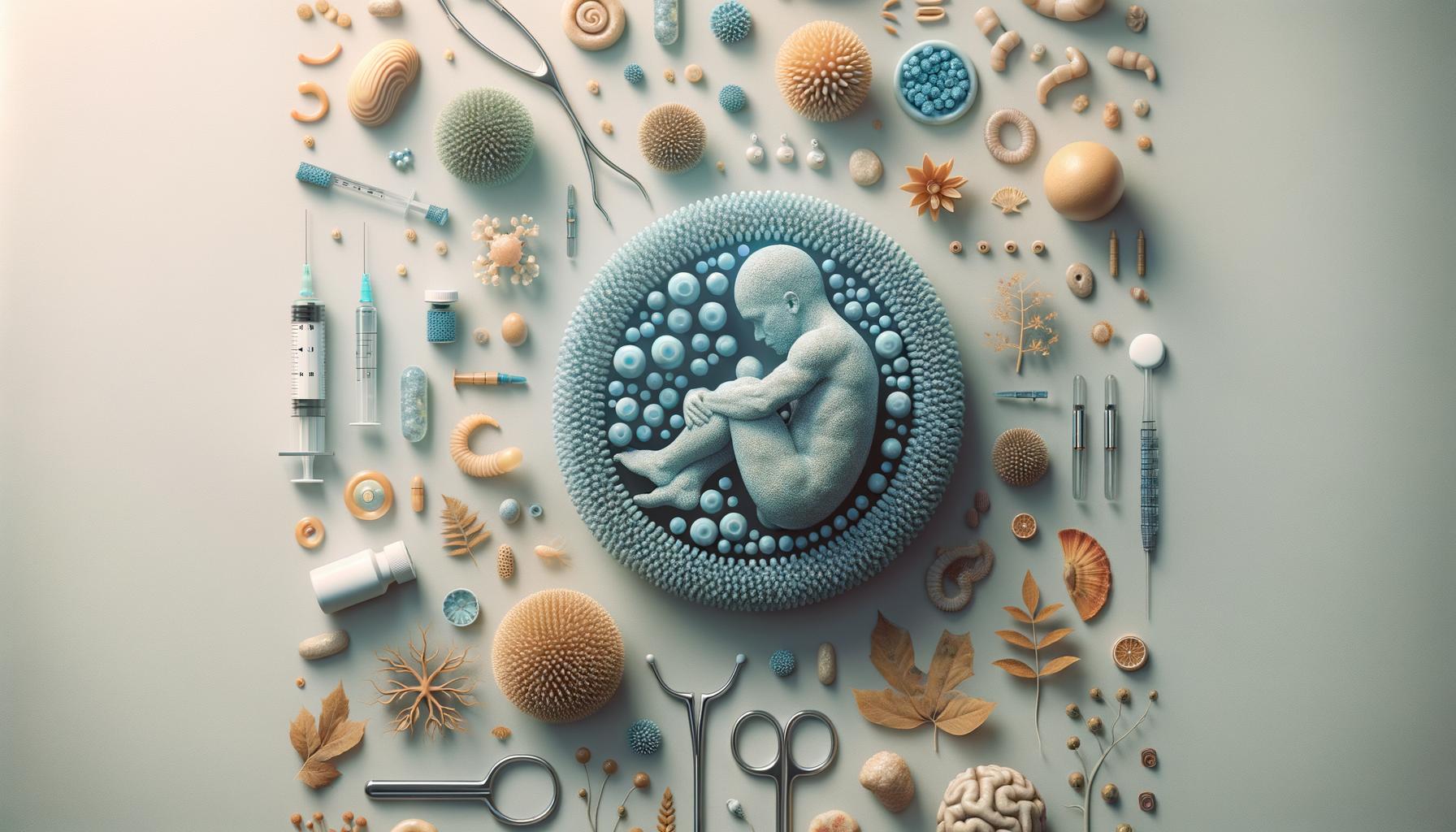 Abstract art depicting a fetus surrounded by medical and natural objects.